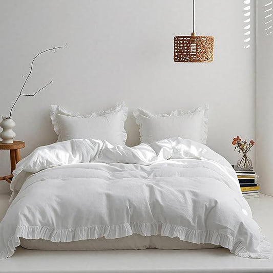 Simple&Opulence 100% Linen Duvet Cover Set, 3 PCS Natural French Flax White Ruffle Duvet Cover Queen Size, Breathable Comfy Linen Bedding Comforter Cover with 2 Pillowcases (White, 88" X 92")