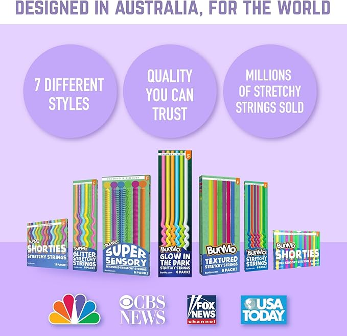 BUNMO Stretchy Strings - Sensory Toys for Toddlers - Stimulating & Addictive Sensory Toys for Kids - Fidget Toy - Hours of Fun for Kids - Non-Mouthable Toy 3+ - Glow 6 Pack