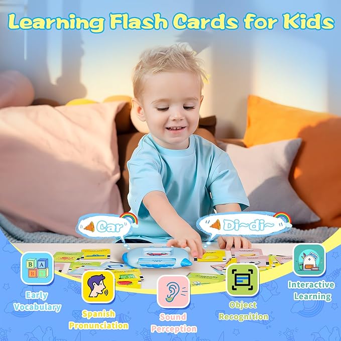 Spanish Talking Flash Cards Toddlers Toys: Bilingual Learning Toys for Kids 2-3, Español Speech Therapy Pocket Speech Toy for Age 2-6, Autism Educational Montessori Toy with 385 Sight Words, Blue
