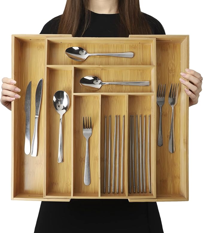 BAMOTTO CRAFTBAMBOO Expandable Bamboo Drawer Organizer – Large 20"x16.9" Size with Adjustable Dividers – for Kitchen Utensils, Knives, Cutlery, Flatware & Silverware Storage Tray