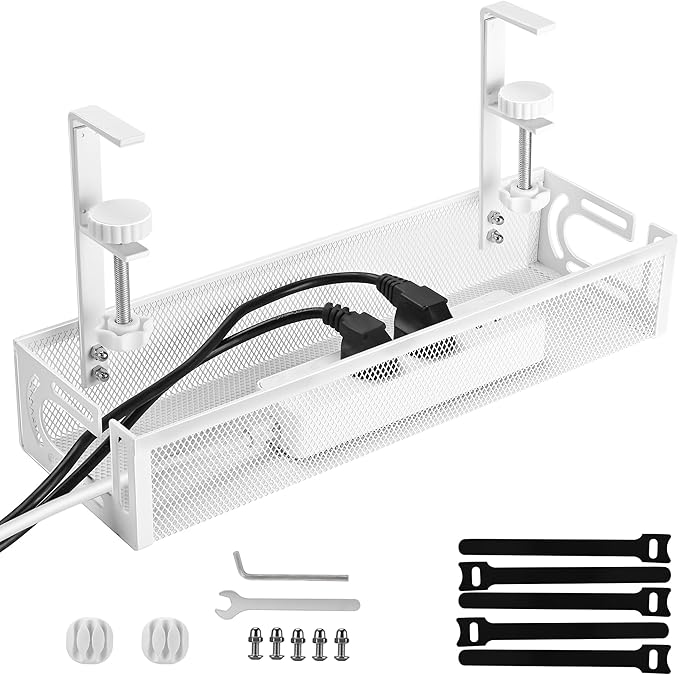 Under Desk Cable Management Tray Small – Clamp-Mounted Wire Organizer & Cord Management Under Desk Holder, No-Drill Metal Cable Tray for Home Office (White)