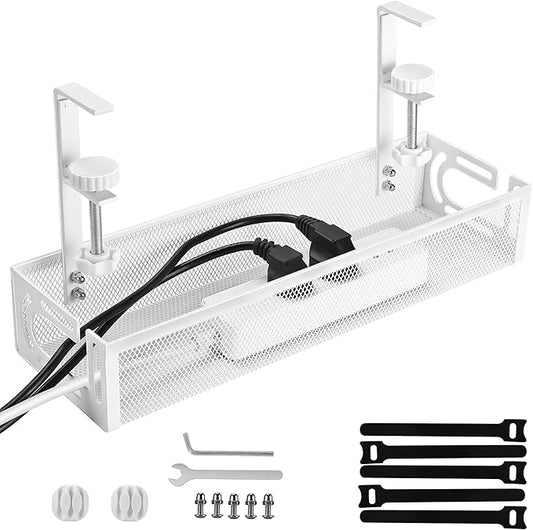 Under Desk Cable Management Tray Small – Clamp-Mounted Wire Organizer & Cord Management Under Desk Holder, No-Drill Metal Cable Tray for Home Office (White)