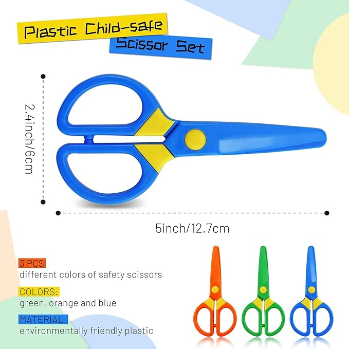 JIALEEY Plastic Child-Safe Scissor Set, Toddlers Training Scissors, Pre-School Training Scissors and Children Art Supplies（3pcs） Multicolored