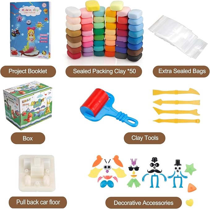 Air Dry Clay Kit - QMay 50 Colors DIY Modeling Clay Ultra Light Magic Clay, Nontoxic & Soft Clay with Sculpting Tools and Decoration Accessories, Art Craft Gift for Kdis 3-12