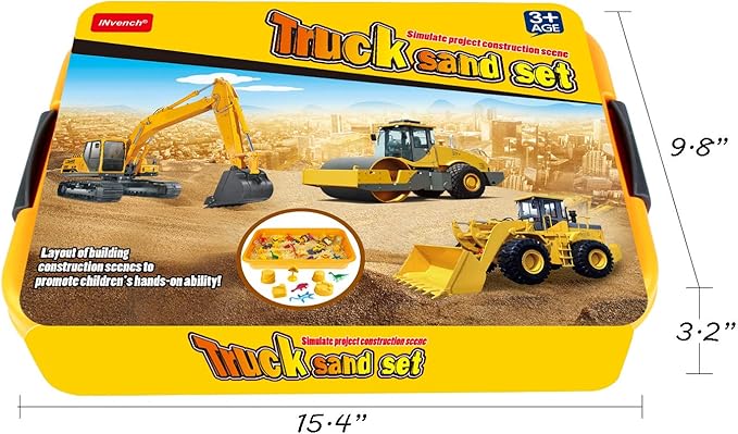 INvench Construction Dinosaur Play Sand Set - 38 Pieces Sensory Bin Sand Kit Include 2 lbs Magic Sand, Construction Vehicle, Dinsoaur Figures, Dinosaur & Castle Molds for 3 4 5 Year Old Toddlers Kids