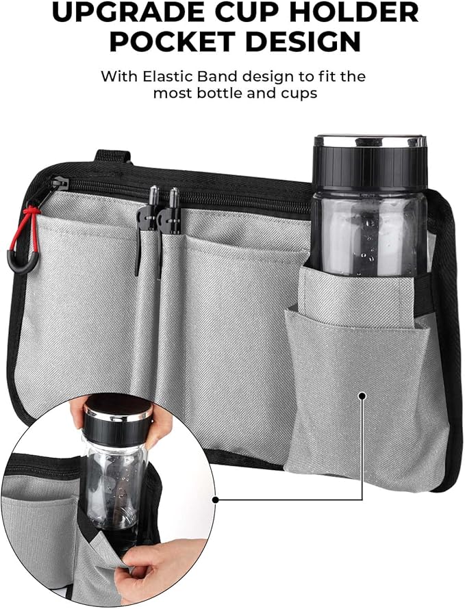 JOYTUTUS Walker Side Bag, Wheelchair Armrest Storage Pouch with Cup Holder, Wheelchair Accessories for Seniors, Walker Bag Cup Holder for Walker, Rollator, Electric Scooter or Wheelchair