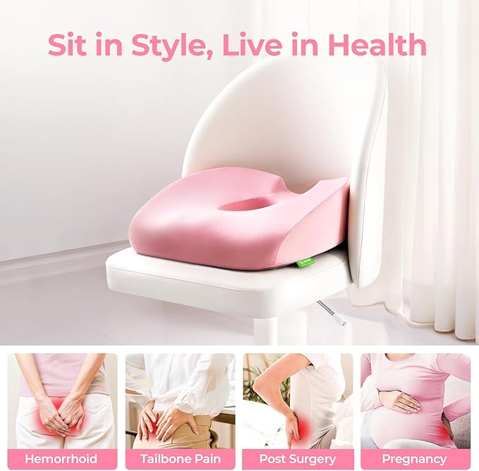 AUVON Innovative Donut Pillow Hemorrhoids Scientific Center Hole and Tailbone Cutout, Orthopedic Pain Relief Donut Seat Cushion for Coccyx, Sciatica, After Surgery Sitting Relief, FSA HSA Eligible