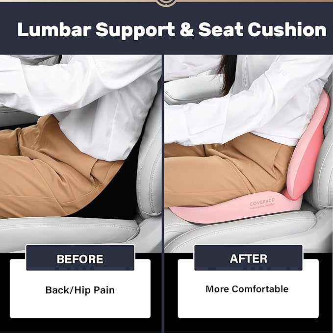Coverado Car Seat Cushion and Lumbar Support Pillow, Memory Foam Ergonomic Back Support Driving Seat Cushion for Sciatica, Tailbone, Back Pain, Non-Slip Washable Cushion for Car, Driver, Office