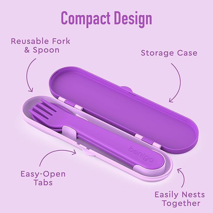 Bentgo Kids Utensil Set - Reusable Plastic Fork, Spoon & Storage Case - BPA-Free Materials, Easy-Grip Handles, Dishwasher Safe - Ideal for School Lunch, Travel, & Outdoors (Purple)