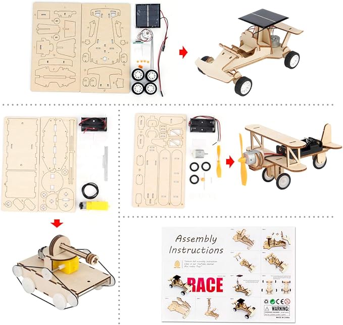 Mini Tudou 3D Wooden Puzzle Solar Car, 3-in-1 STEM Science Kit Toy to Build Wood Models Including Solar Power Vehicle Electronic Tank and Plane Toys Set, DIY Educational Play Set for Kids Boys Girls