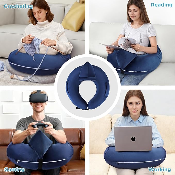 Crochet Lap Support Pillow - Multi-Purpose Reading Pillow for Gaming/Working/Nursing, with Removable Extra Back Pillow for Lumbar & Back Support, Enlarged U-Shape Gaming Lap Pillow, Blue