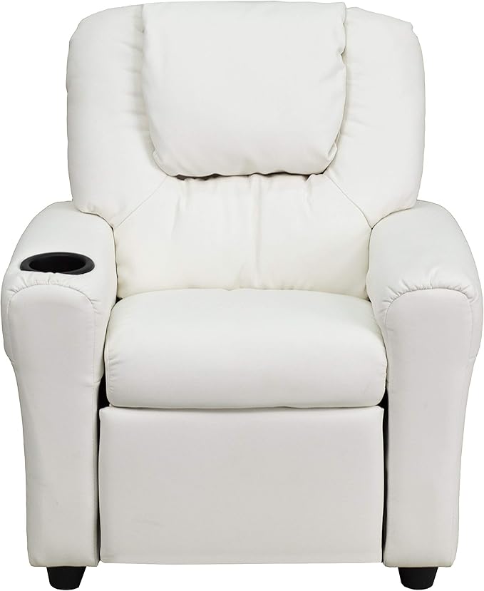 Flash Furniture Vana Vinyl Kids Recliner with Cup Holder, Headrest, and Safety Recline, Contemporary Reclining Chair for Kids, Supports up to 90 lbs., White