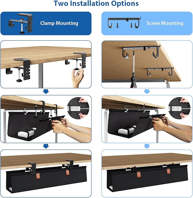 Zilink No Drill Under Desk Cable Management Tray 30" Cord Organizer for Table Clamp/Screw Mount Desk Cable Management Sturdy Waterproof Fabric Cord Hiders for Office, Home
