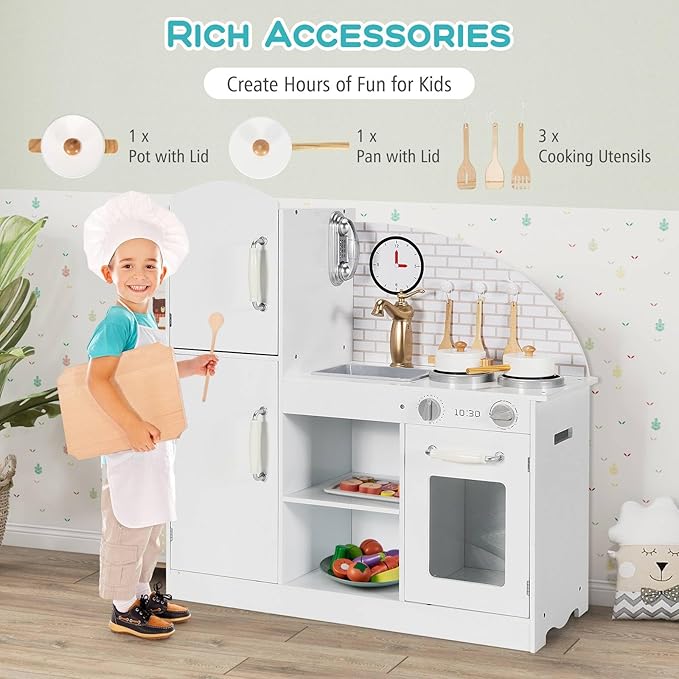Costzon Kitchen Playset for Kids, Wooden Pretend Cooking Kitchen w/Utensils, Oven, Cabinets, Faucet, Sink & Telephone, Toddlers Play Kitchen Set with Accessories Gift for Age 3+ (White)
