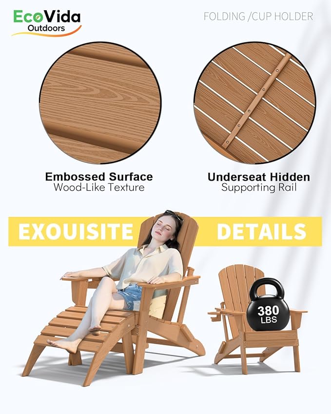 3-Piece Folding Adirondack Chair Set - 38" Extra Tall Back & Embossed Wood Grain, Oversized HDPE Patio Furniture with Side Table & Cup Holders, 380lb Heavy Duty, Cedar