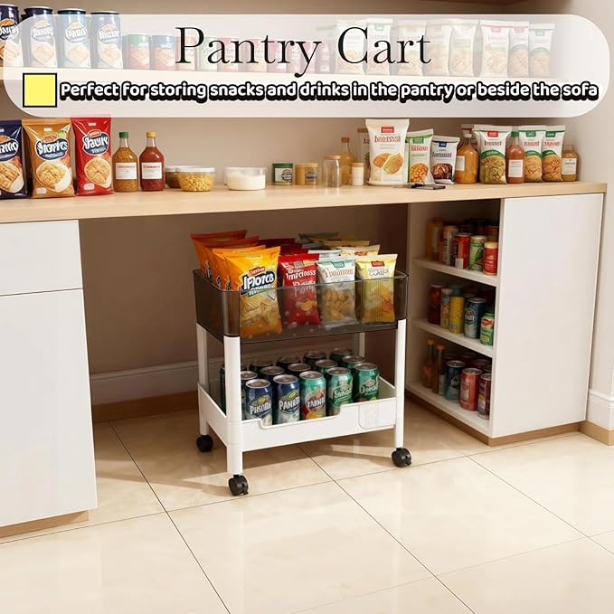 LiWNYRK 2 Tier Rolling Cart with Wheels for Under Desk Storage, Heavy Duty Plastic Short Small Utility Cart for Small Space Pantry Room Kitchen Laundry Bathroom, 4.7'' Deep Baskets for Tall Bottles