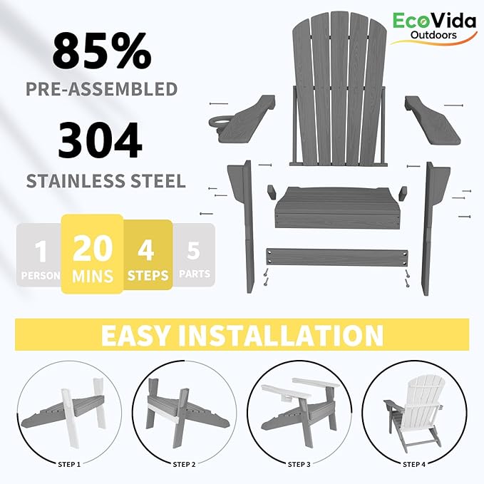 3-Piece Folding Adirondack Chair Set - 38" Extra Tall Back & Embossed Wood Grain, Oversized HDPE Patio Furniture with Side Table & Cup Holders, 380lb Heavy Duty,Grey