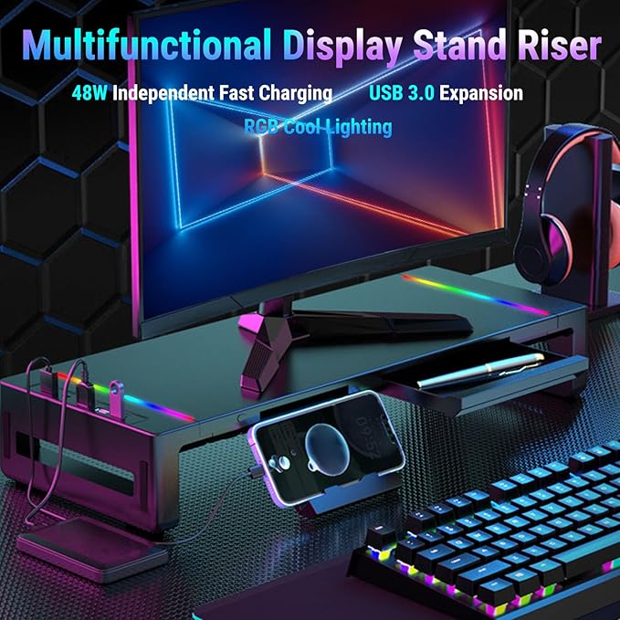 YUEHISY Monitor Stand Riser with 4 USB Ports, Phone Holder & Storage Drawer, Adjustable Foldable Computer Monitor Riser for Laptop, TV, Printer, Speaker