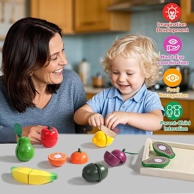 Fajiabao Wooden Play Food Set for Kids Kitchen Montessori Toddlers Toys 1-3 Pretend Cutting Fruit Educational Birthday Gifts for Girls Boys 2 3 4 Year Old