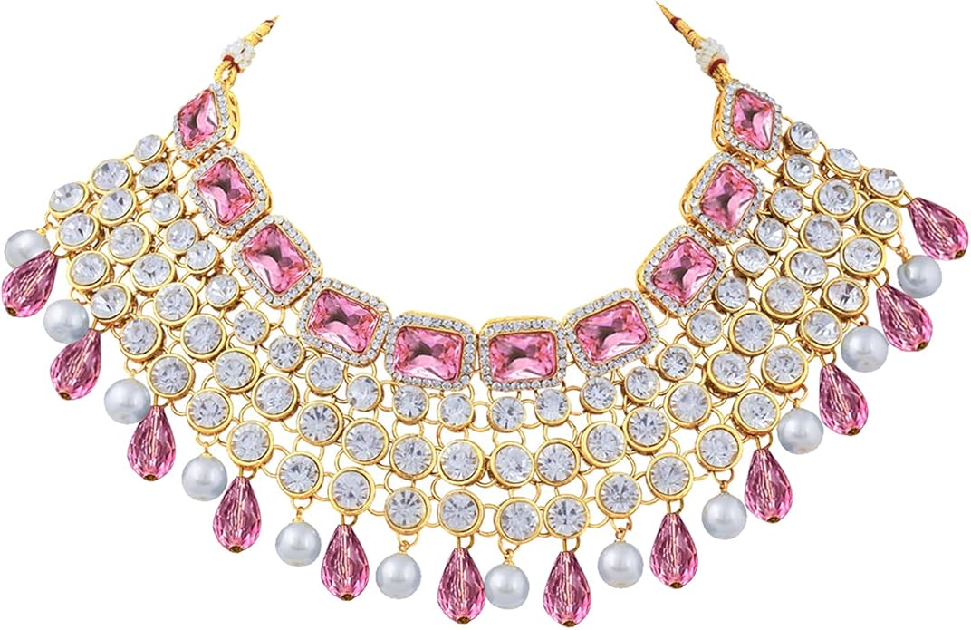 Aheli Kundan and Simulated Colored Stones Indian Ethnic Maang Tikka Necklace and Earrings Set Bollywood Festive Statement Jewelry Gift for Women