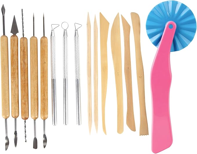 Pottery Tool Starter Kit - 15-Piece 26-Tool Beginner's Clay Ceramics Modeling Carving Sculpting Set -Arts and Crafts School Project, w Carrying Case, Birthday Gift for Kids