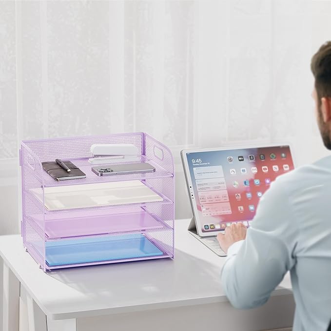Marbrasse 2 Pack 4 Tier Paper Organizer Letter Tray - Mesh Desk File Organizer with Handle, Paper Sorter Organizer for Letter/A4 Office File Folder Holder (Purple, 12.6" x 9.1" x 10.7")