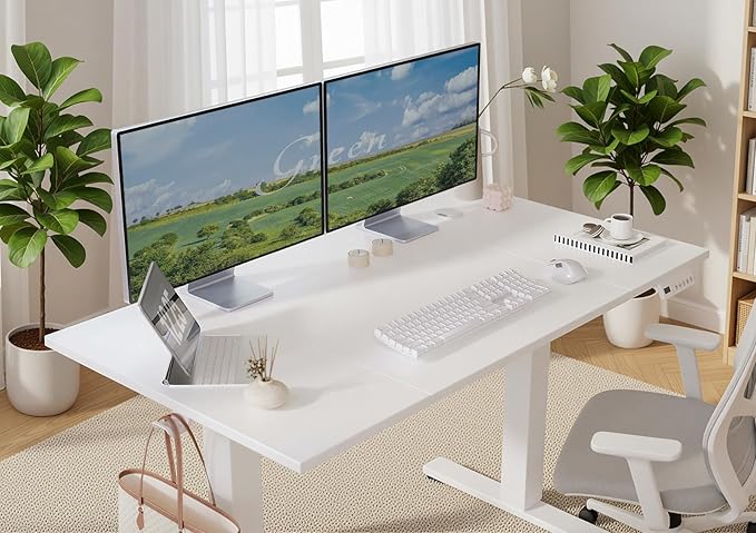 Seang Electric Height Adjustable Standing Desk, 40 x 24 Inch Sit-Stand Workstation with T-Style Frame, 3 Memory Height Options & Built-in Cable Management for Home Office, White Frame/White Top
