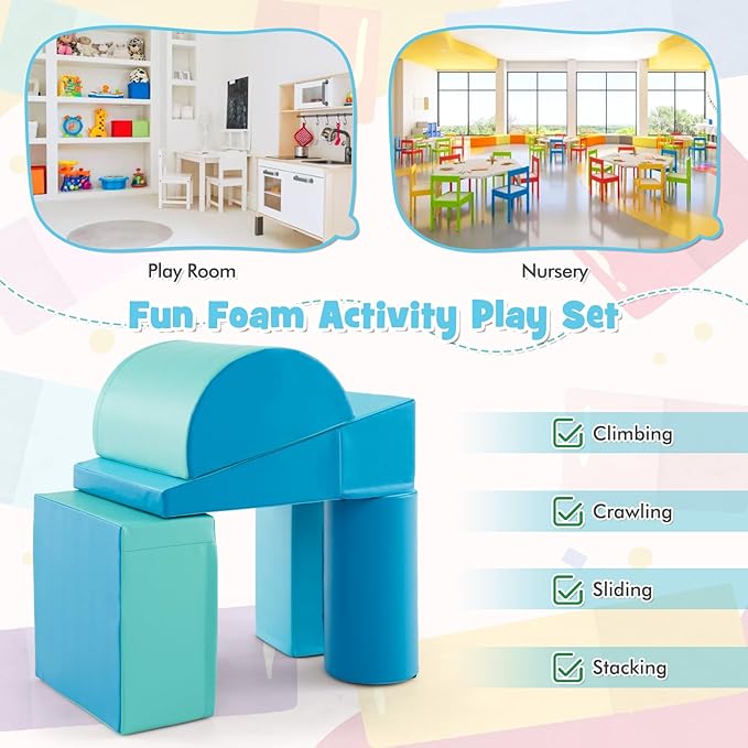 HONEY JOY 5-Piece Climb and Crawl Playset, Soft Climbing Foam Block Activity Play Structure Gym Equipment for Infant Baby, Color Coordination, Waterproof Indoor Climbing Toys for Toddlers (Blue)