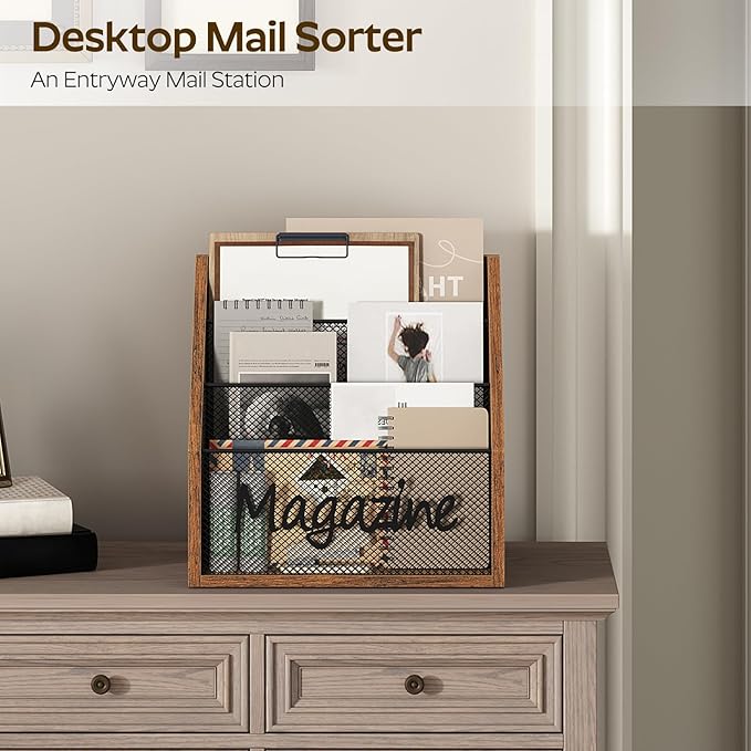 YATINEY Magazine Holder, Wood Magazine Rack Floor, Mail Organizer Countertop, Magazine Mail Holder Sorter, Record Holder for Magazines, Books, Newspapers, Tablets, Rustic Brown and Black MR02BR