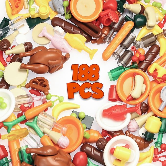 188pcs City Food Bricks Set, Picnic Toys Friends Kitchen Fram Restaurant DIY Pieces Parts Ice-Cream-Cupcakes Turkey-Banana-Carrot-Bread Basket Fish