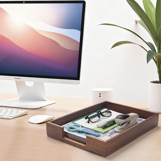 Wood Letter Tray, Acacia Wood Desk Tray, Wooden Desktop Organizer for Papers, Documents, Magazines, Files