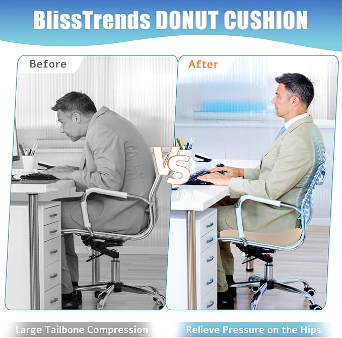 BlissTrends Donut Pillow Seat Cushion, Donut Chair Cushions for Postpartum Pregnancy & Hemorrhoids, Tailbone Pain Relief Cushion, Memory Foam Lifting Cushions for Office & Home Chairs (Khaki, X-Large)