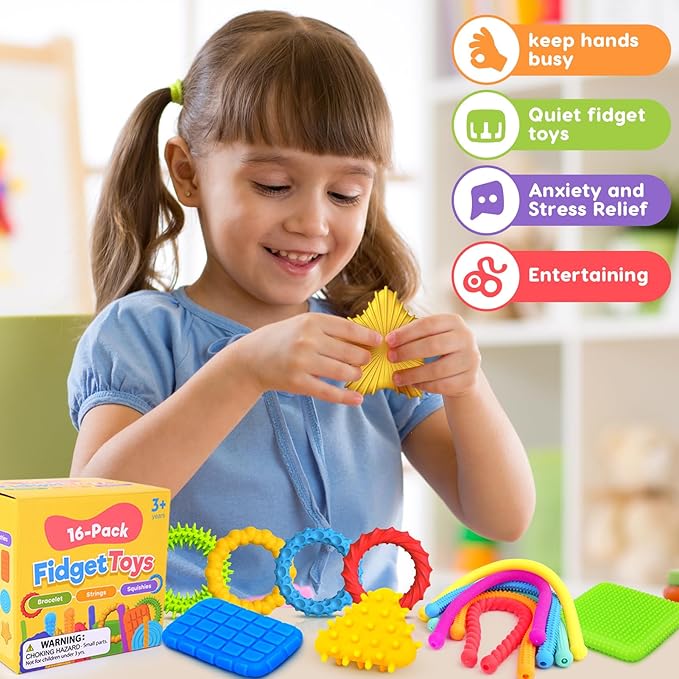 Fidget Sensory Toys for Kids Toddlers: 16 Pack Super Soft & Textured Squishy Sensory Fidget Toys for Autistic Children Special Needs | Sensory Stretchy Toys | Calm Down Toy for Toddler Girls Boys