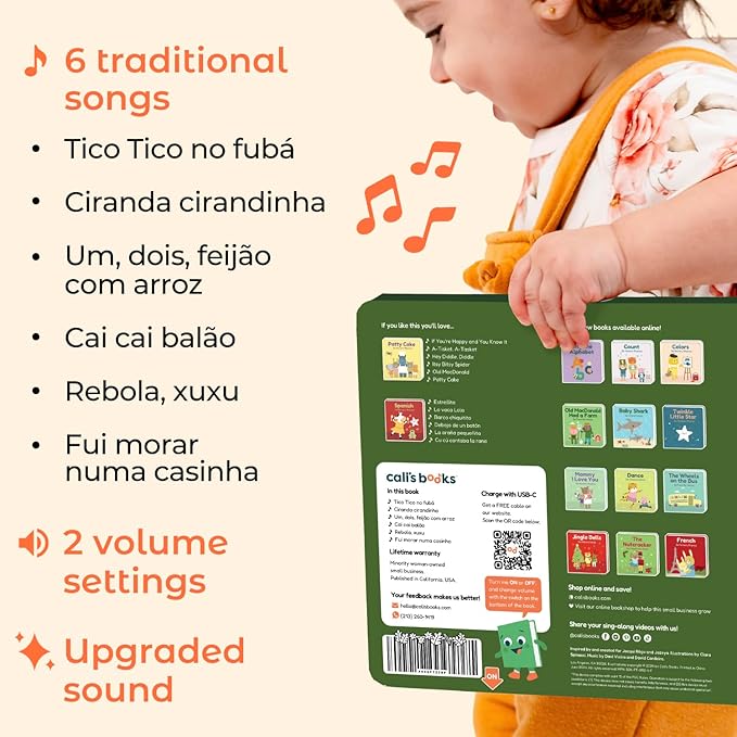 Cali's Books Brazilian Nursery Rhymes Book - Sound Books for Toddlers 1-3 Years Old - Interactive & Educational Music Toys for Bilingual Children with Lyrics & Translations - Musical Gifts for Kids