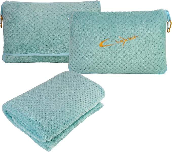 CLEXION Travel Blanket Pillow-Premium Soft 2 in 1 Airplane Blanket for Long Trips Essentials with Bag Pillowcase, Hand Luggage Sleeve and Backpack Clip (Mint Green)