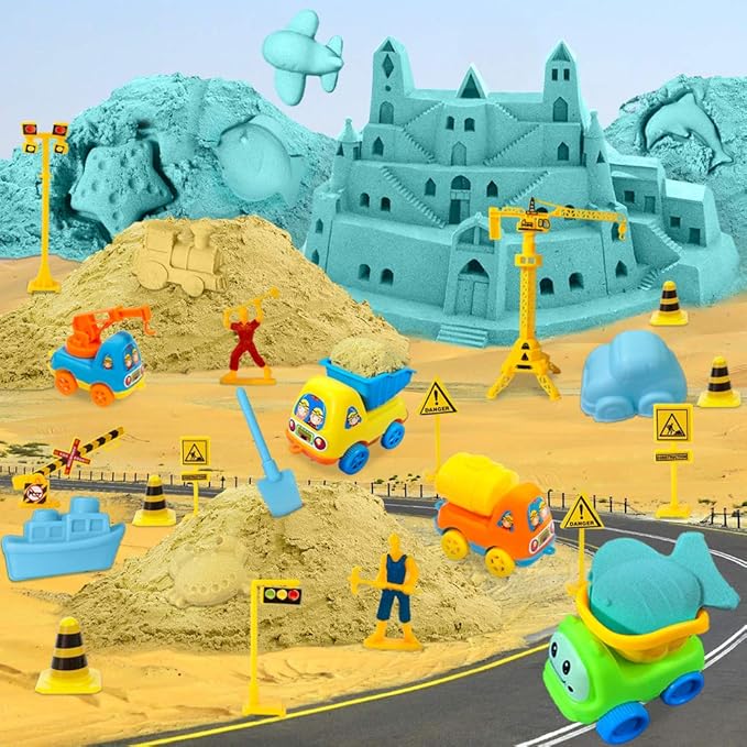 ESSENSON Play Construction Sand Kit - 3lbs Sand with 2 Colors, 6 Mini Construction Trucks, Construction Toys and Signs, Animal Mold, Modeling Tools, Foldable Sandbox, Gifts for Boys Girls