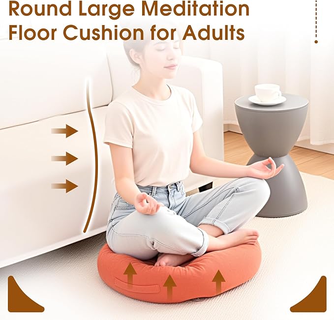 2Pcs Floor Pillows for Adults, Meditation Cushions, Large Round Sitting Cushion Living Room Memory Foam Pillow for Sitting (2, Orange, 22x22x4 Inch)