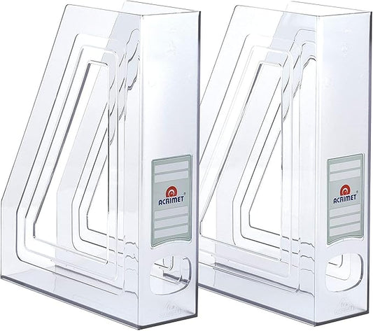 Acrimet Magazine File Holder – Vertical Rack for Documents, Folders and Mail, Durable Plastic Desk Organizer for Office & Home, Clear Crystal (2 Pack)
