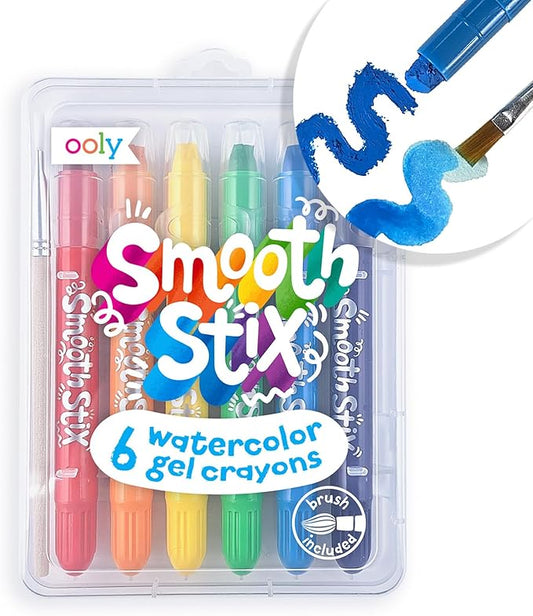 Ooly Smooth Stix Gel Crayons for Kids and Adults with Paint Brush - Set of 6 Watercolor Rainbow Colors for Glass and Paper with Case, Twist-Up Gel Crayon Set