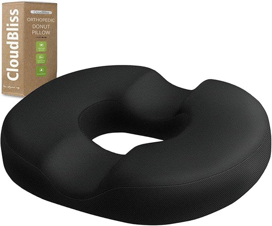 CloudBliss Donut Pillow Seat Cushion Chair Pad for Tailbone Pain Relief and Hemorrhoids, Memory Foam Seat Chair Cushion for Men and Women for Home & Office, (Black-2XL)