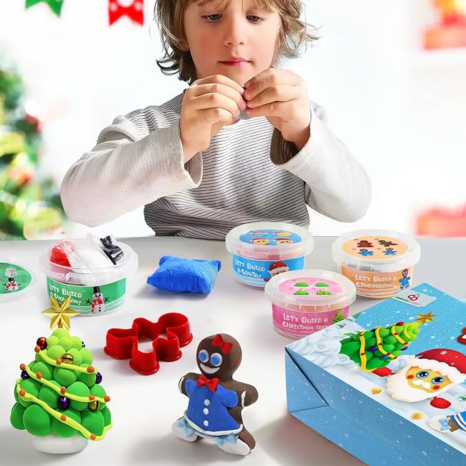 Christmas Stocking Stuffers for Kids - Christmas Crafts - Build a Snowman, Gingerbread Man, Santa & Christmas Tree - 4 Piece DIY Air Dry Clay Kit - Xmas Gifts for Girls Boys Ages 3-5 4-8 8-12