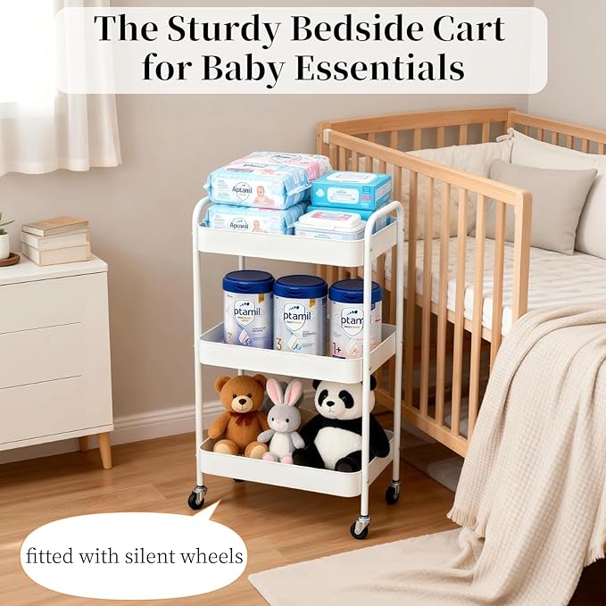 LIWNYRK Metal 3 Tier Rolling Cart with Wheels for Kitchen Storage & Laundry Room Organization, Bedside Cart with Handle and 4 Hooks, Versatile Large Capacity Art & Craft Storage Organizer, White