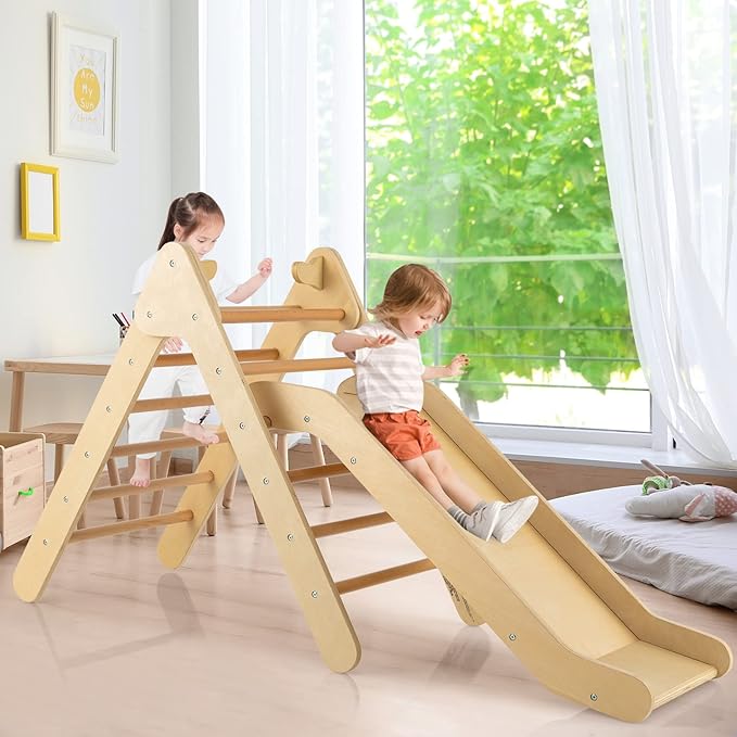 HONEY JOY Triangle Climber with Ramp, Kids Climbing Triangle Ladder for Daycare, Gym & Playground, Wooden Montessori Climbing Toys for Toddlers, Gift for Boys Girls