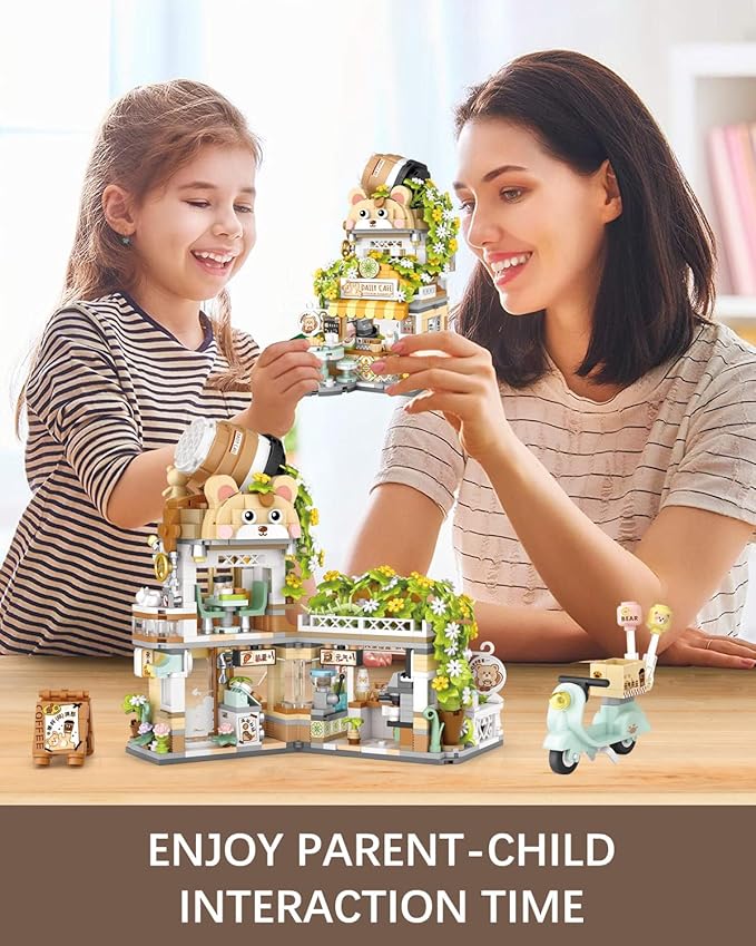 City Street View Bear Coffee Shop Building Blocks Set, MOC Creative Bear Animal Theme House, Simulation Architecture Construction Toy, Gifts Idea for Kids Adults (Mini Blocks 1077 pcs)