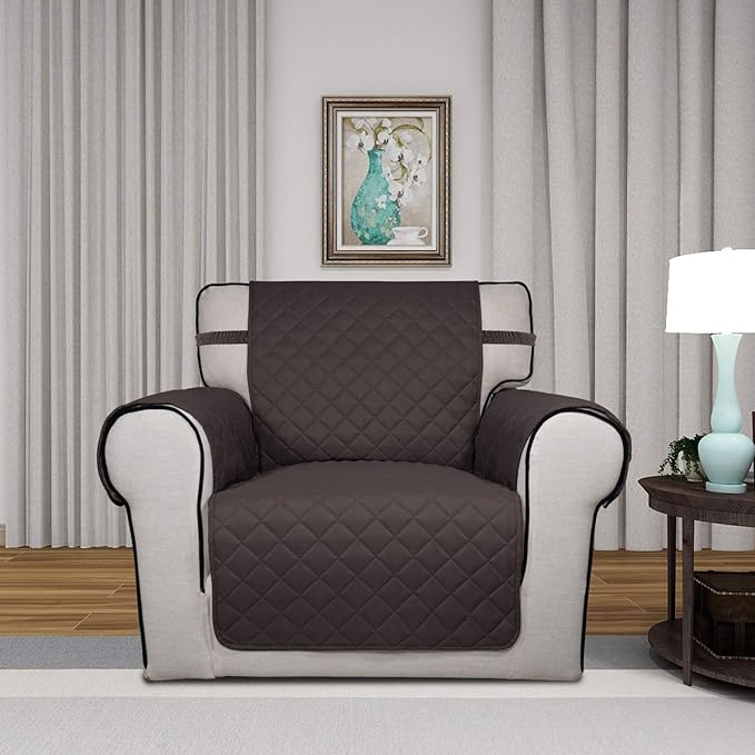 PureFit Reversible Quilted Sofa Cover, Water Resistant Slipcover Furniture Protector, Washable Couch Cover with Non Slip and Elastic Straps for Kids, Pets (Chair, Chocolate/Chocolate)