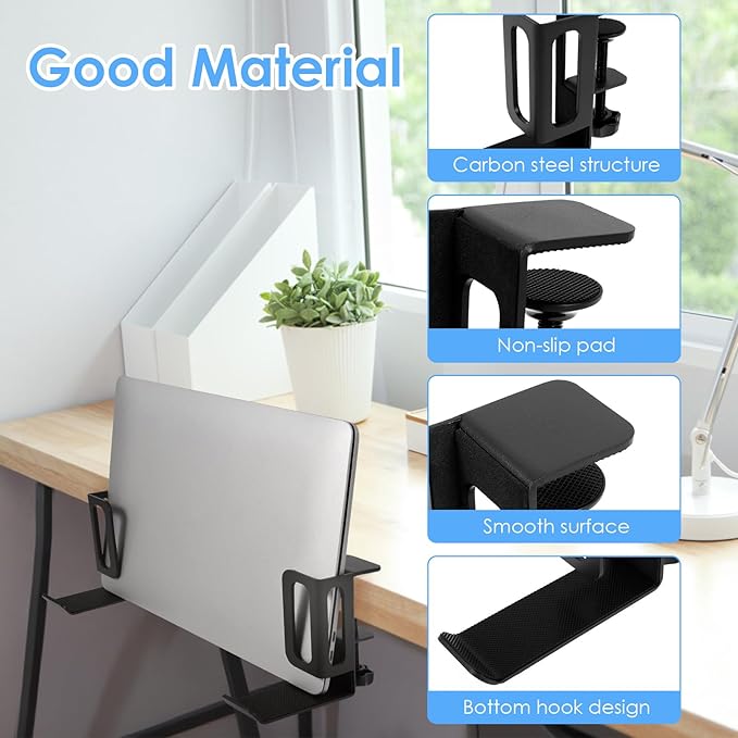 Desk Side Laptop Stand, Vertical Desk Side Laptop Holder with Headphone Stand, Adjustable Length Mount Storage Rack, No Drill Clamp Organizer for Laptops, Tablets, Keyboards (Black)