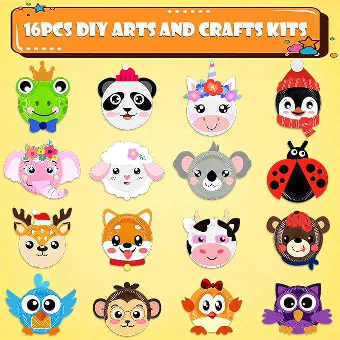 16 Pack Arts and Crafts for Kids, Toddler Crafts Animal Paper Plate Art Kit Gift for 3 4 5 6 Year Old Boys Girls DIY Kids Crafts for Birthday Party Favor Preschool Classroom Party Games