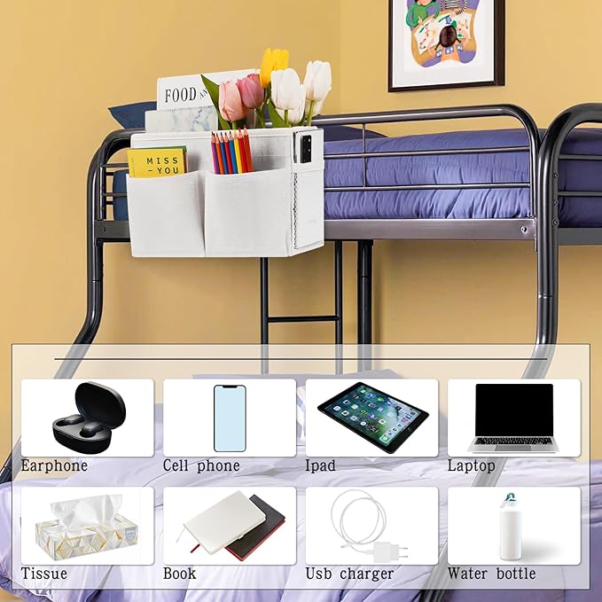 Bedside Hanging Storage Basket Headboards Bunk Beds Dorm Rooms Organizer Caddy for Storage (2Pack White)