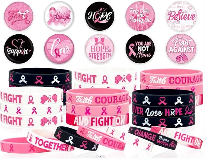 60 Pcs Breast Cancer Awareness Accessories Stuff ,Pink Ribbon Breast Cancer Awareness Silicone Bracelet Wristbands and Button Badges Pins Gifts for Women Girl Pink Party Favors