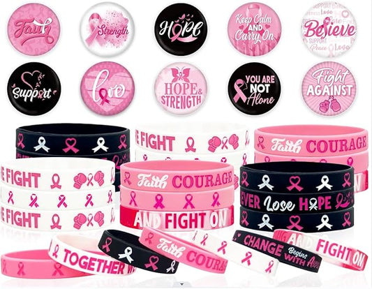 60 Pcs Breast Cancer Awareness Accessories Stuff ,Pink Ribbon Breast Cancer Awareness Silicone Bracelet Wristbands and Button Badges Pins Gifts for Women Girl Pink Party Favors